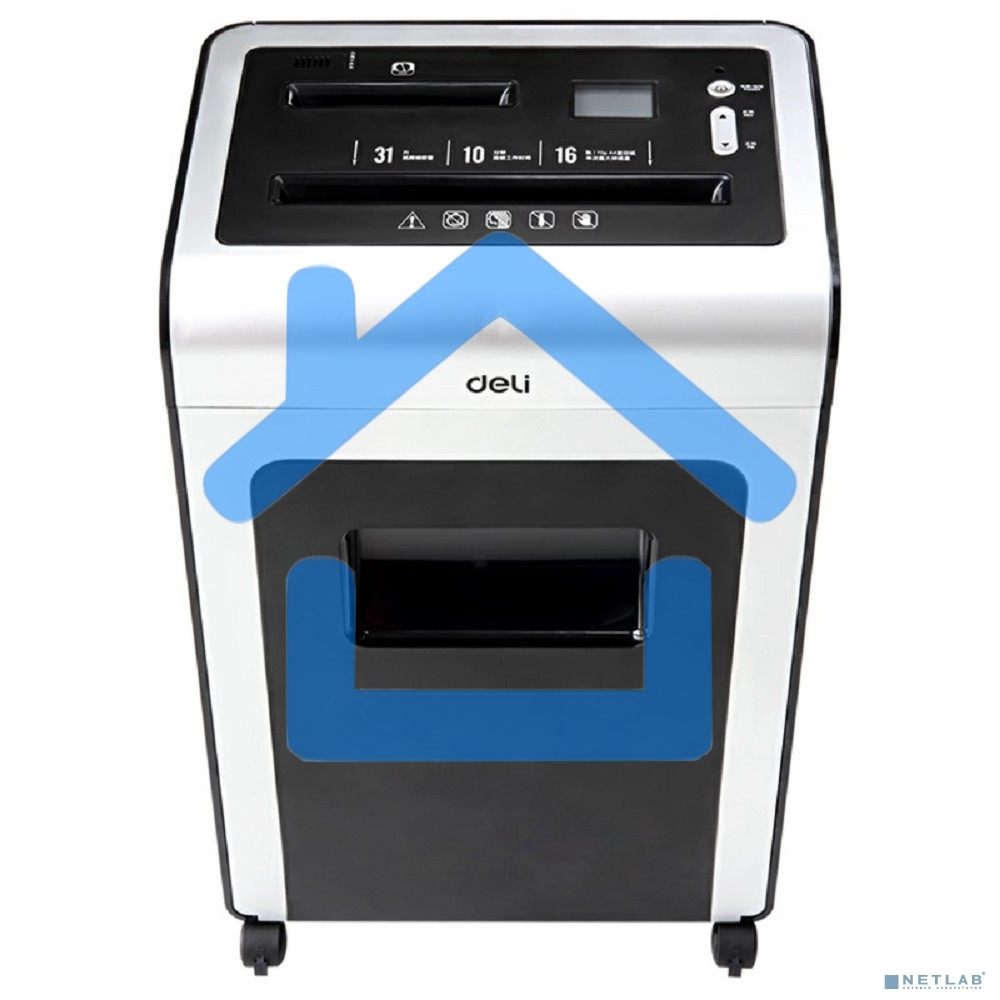 Шредер Deli E9917-EU черный/белый с автоподачей (секр.P-4)/фрагменты/16лист./31лтр./скрепки/скобы/пл.карты/CD