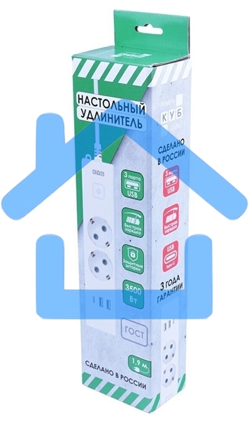 Бытовой удлинитель PowerCube, 2р с/з вык.,3USB, 3500 Вт, 16А, 1.9 м, 3*1,0 (белый) PC-4-2M