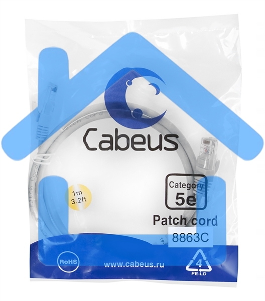 Шнур коммутационный Cabeus, кат. 5е, неэкр., U/UTP, RJ45/RJ45, LSZH, AWG24, 1м, серый