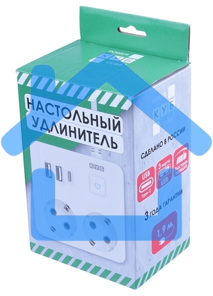 Бытовой удлинитель PowerCube, 2р с/з вык.,3USB, 3500 Вт, 16А, 1.9 м, 3*1,0 (белый) квадрат