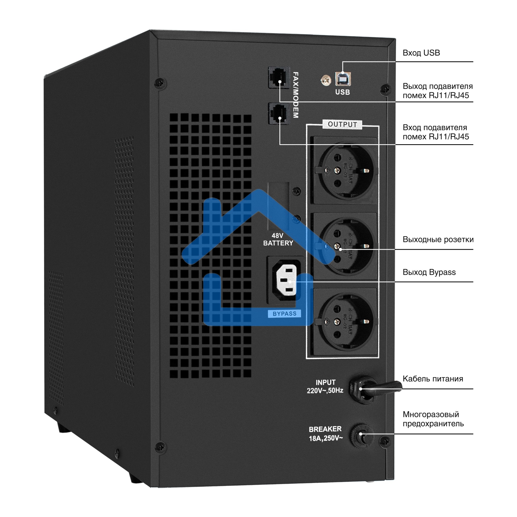 Источник бесперебойного питания (инвертор, синус, для котла) ExeGate SineTower SN-3000.LCD.AVR.3SH.1C13.RJ.USB <3000VA/2400W, чистая синусоида, LCD дисплей, AVR, 3*Schuko+1*C13, RJ45/11, USB, линейно-интерактивный, черный>