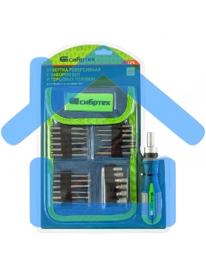 Отвертка реверсивная СИБРТЕХ 13376с набором бит и торцевых головок 26шт crv чехол