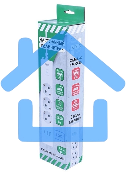 Бытовой удлинитель PowerCube, 3р с/з вык.,3USB, 3500 Вт, 16А, 1.9 м, 3*1,0 (белый) PC-5-2M