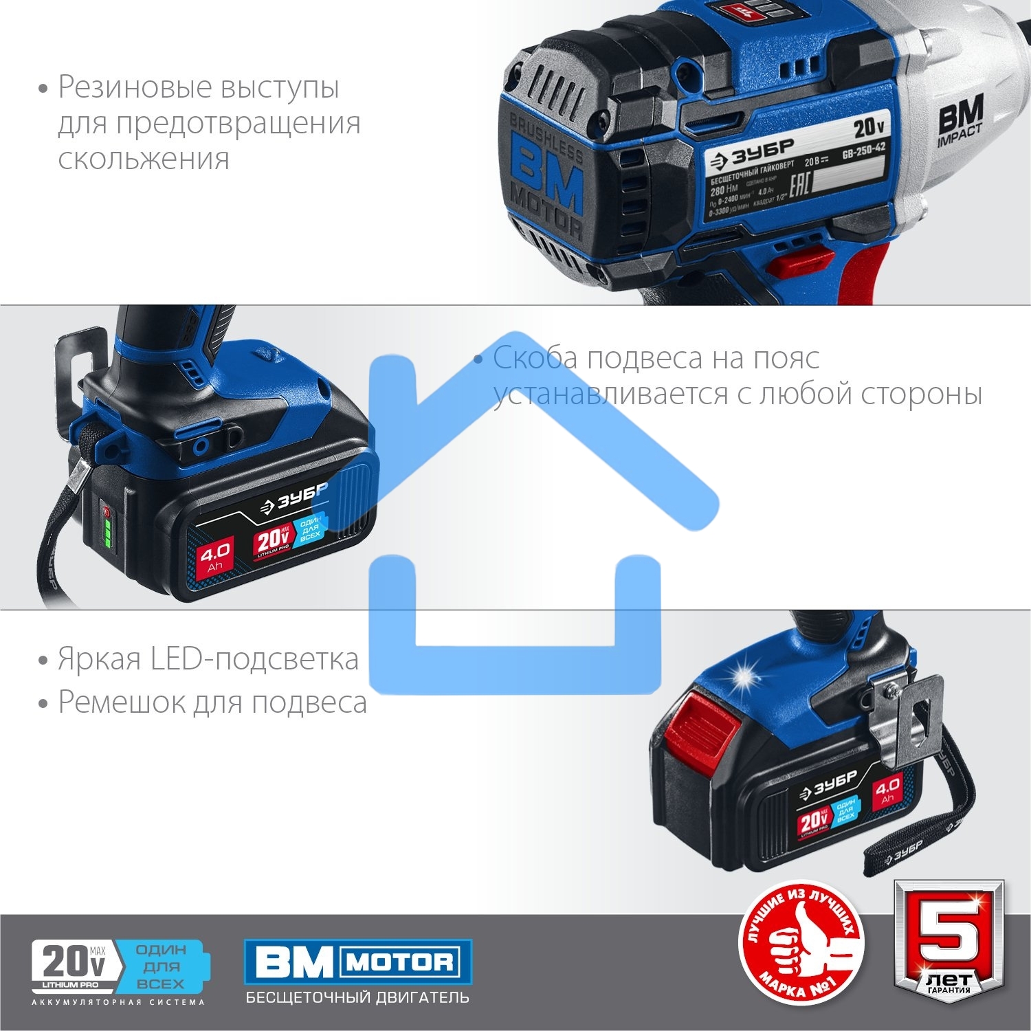 Гайковерт ЗУБР 20В бесщеточный, 2 АКБ (4А·ч), в кейсе, Профессионал. GB-250-42