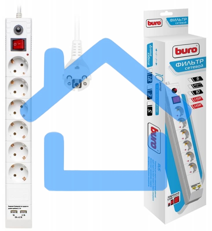 Сетевой фильтр Buro BU-SP1.8_USB_2A-W 1.8м (6 розеток) белый (коробка)