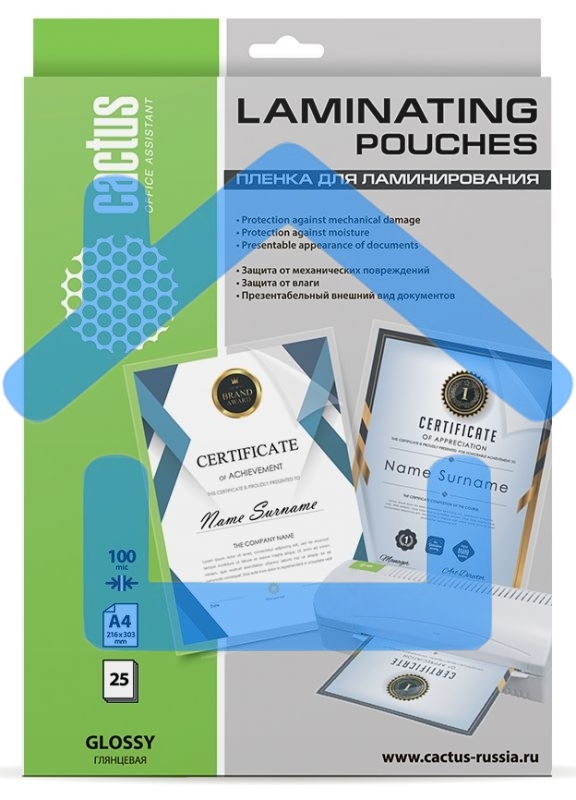 Пленка для ламинирования Cactus 100мкм A4 (25шт) глянцевая 216x303мм CS-LPGA410025