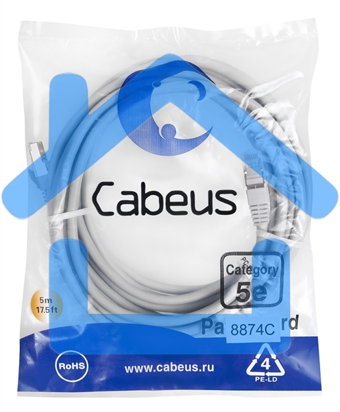 Экранированный патч-корд Cabeus, кат. 5е, экр., F/UTP, RJ45/RJ45, LSZH, AWG24, 5м, серый
