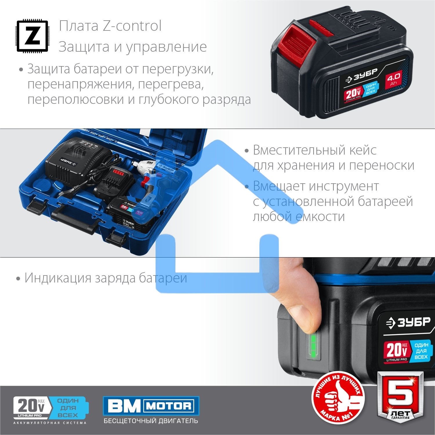 Гайковерт ЗУБР 20В бесщеточный, 2 АКБ (4А·ч), в кейсе, Профессионал. GB-250-42