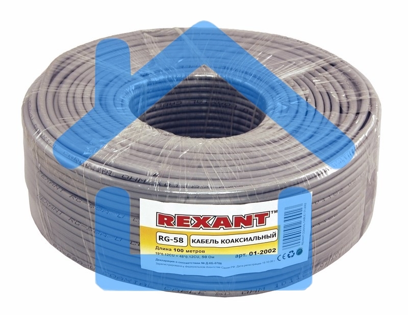 Кабель коаксиальный Rexant RG-58 A/U, 50 Ом, Cu/Al/Cu, 64%, бухта 100 м, серый