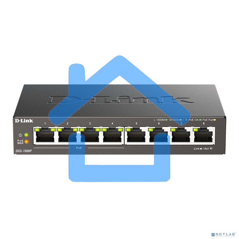 Неуправляемый коммутатор D-Link DGS-1008P/F3A с 8 портами 10/100/1000Base-T (4 порта PoE 802.3af/at, PoE-бюджет 60 Вт)