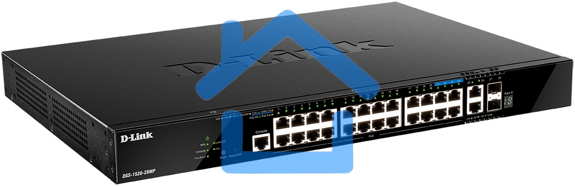 Коммутатор управляемый L3 стекируемый D-Link DGS-1520-28MP/A1A с 20 портами 10/100/1000Base-T, 4 портами 100/1000/2.5Gbase-T, 2 портами 10Gbase-T и 2 портами 10Gbase-X SFP+