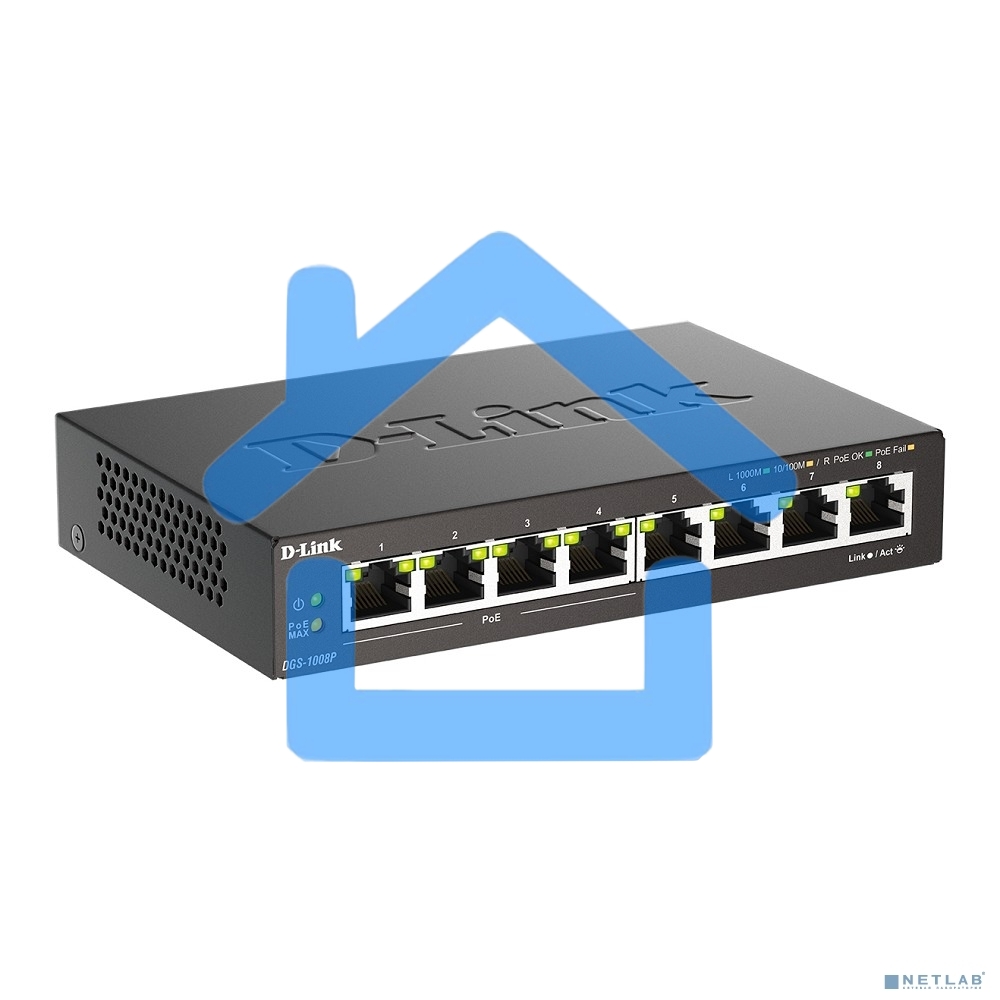 Неуправляемый коммутатор D-Link DGS-1008P/F3A с 8 портами 10/100/1000Base-T (4 порта PoE 802.3af/at, PoE-бюджет 60 Вт)
