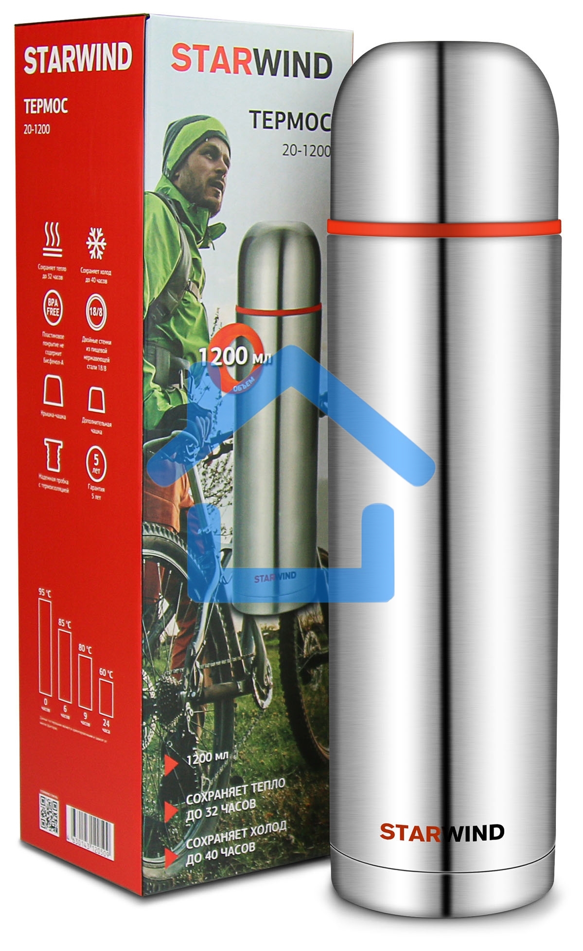 Термос Starwind 20-1200 1.2 л, серебристый/красный, картонная коробка