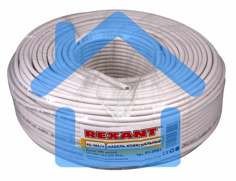 Кабель коаксиальный Rexant RG-58 A/U, 50 Ом, Cu/Al/Cu 64%, бухта 100 м, белый