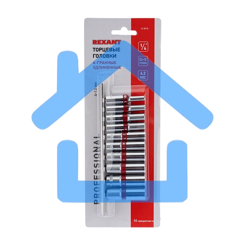 Набор удлиненных торцевых головок Rexant 1/4, шестигранные, CrV, 10 шт., 4-13 мм