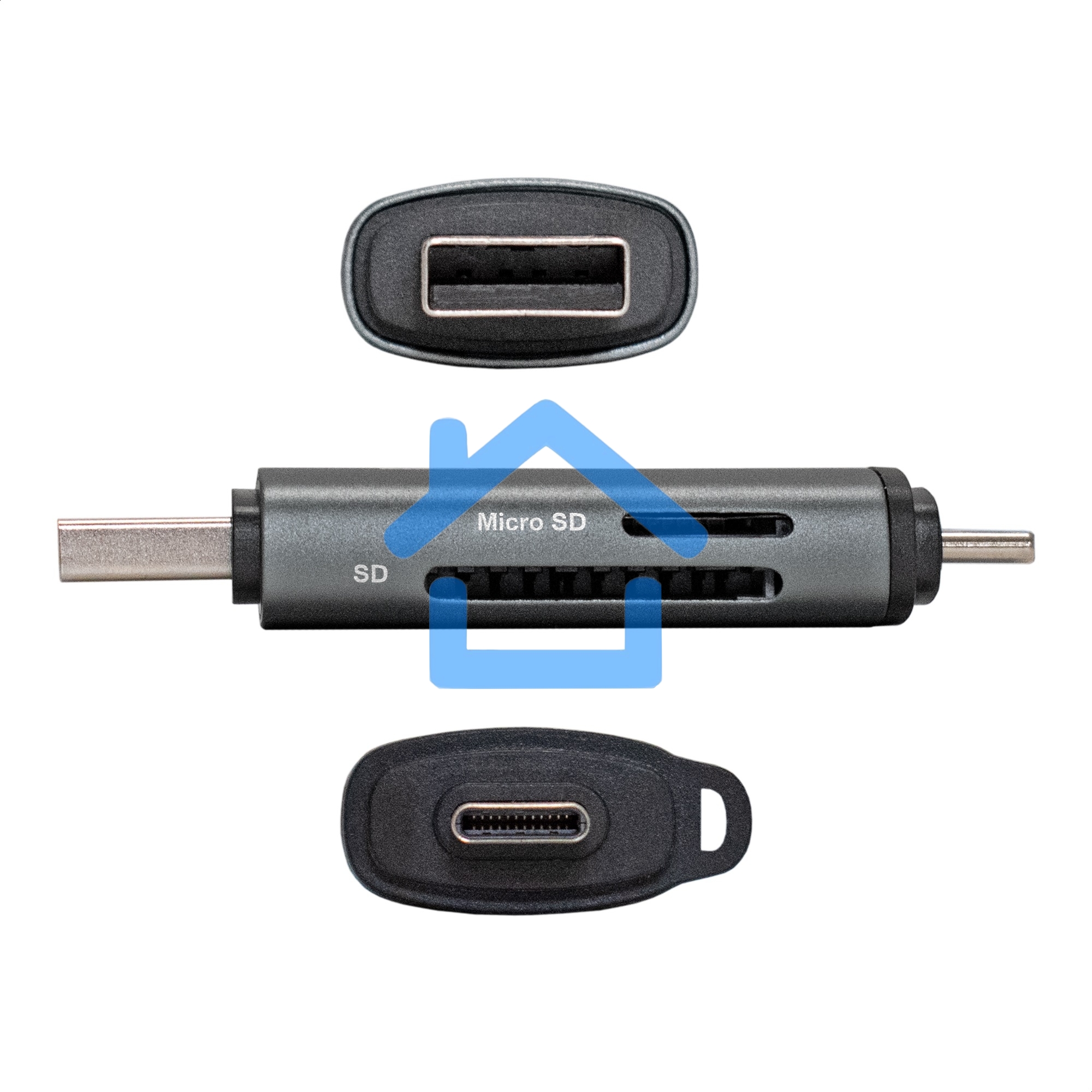 Устройство чтения/записи карт памяти ExeGate CR-201CA (кабель-адаптер USB Type-A/Type-C --> Card Reader, поддержка стандартов: SD/SDHC/MMCII/RS MMC, Micro SD/ Micro SDHC/Micro SDXC, Plug&Play, серый)