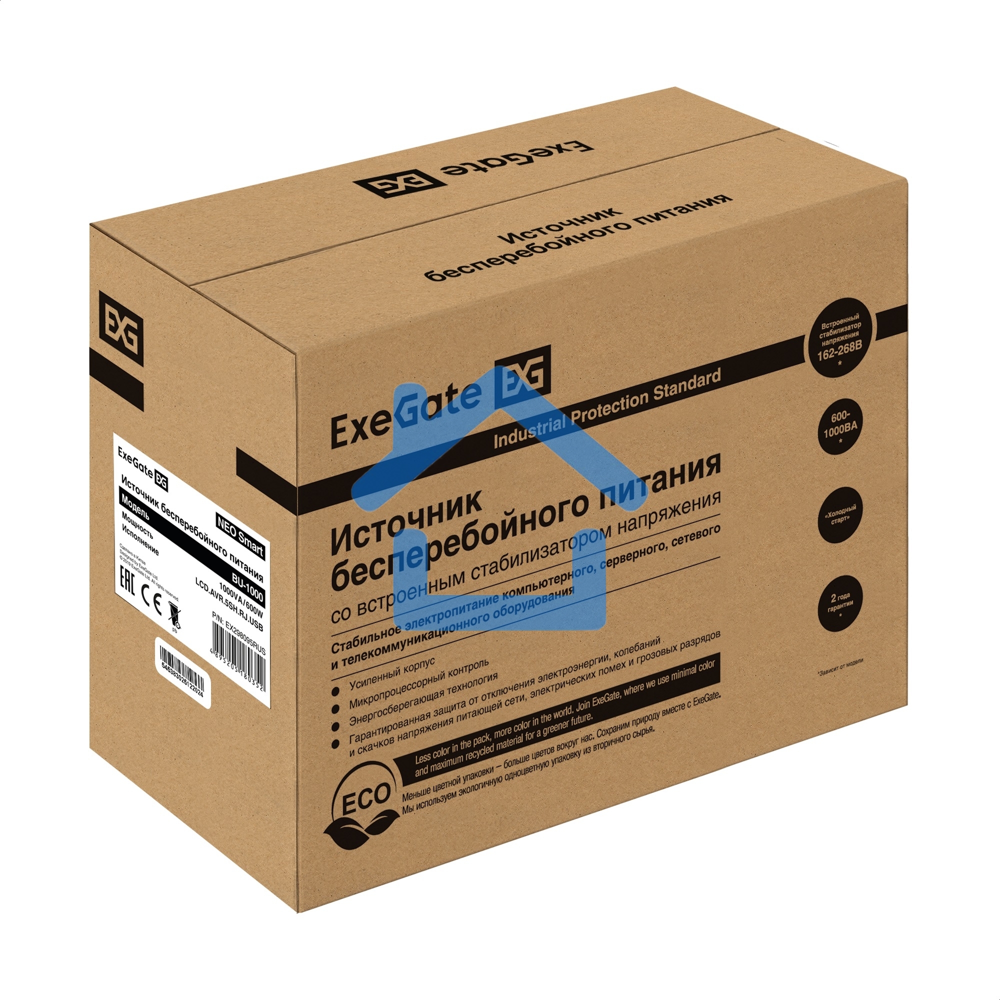 Источник бесперебойного питания ExeGate NEO Smart 1000VA/500W, цветной LCD-дисплей, AVR, 5*Schuko, RJ45/11, USB, черный