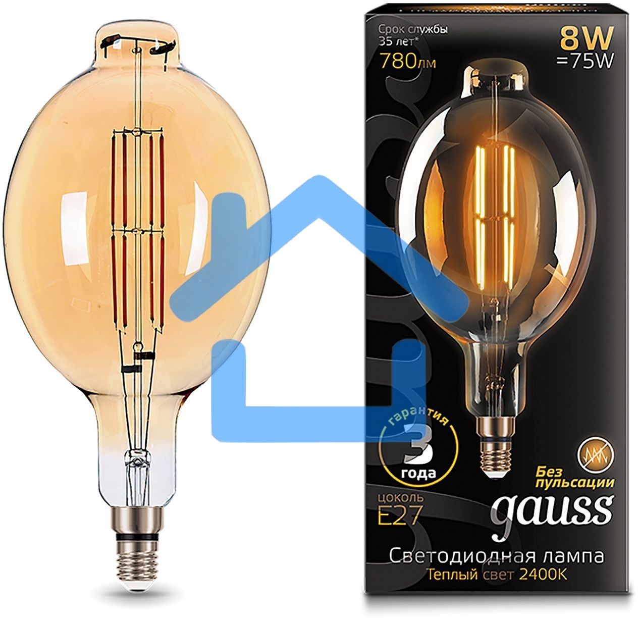 Лампа филам. Gauss Filament Vintage 8Вт цок.:E27 шар 220B 2400K св.свеч.бел.теп. (упак.:1шт) (151802008)