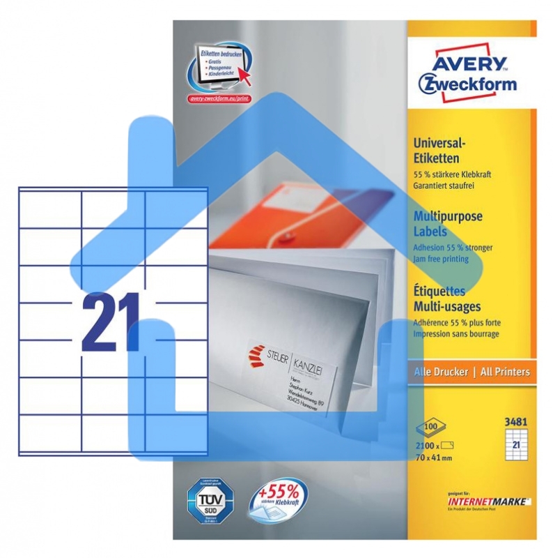 Этикетки самоклеящиеся Avery Zweckform 3481 A4, 70x41 мм, 21 шт, универсальная, 70 г/м2, 100 л, покрытие матовое, белый