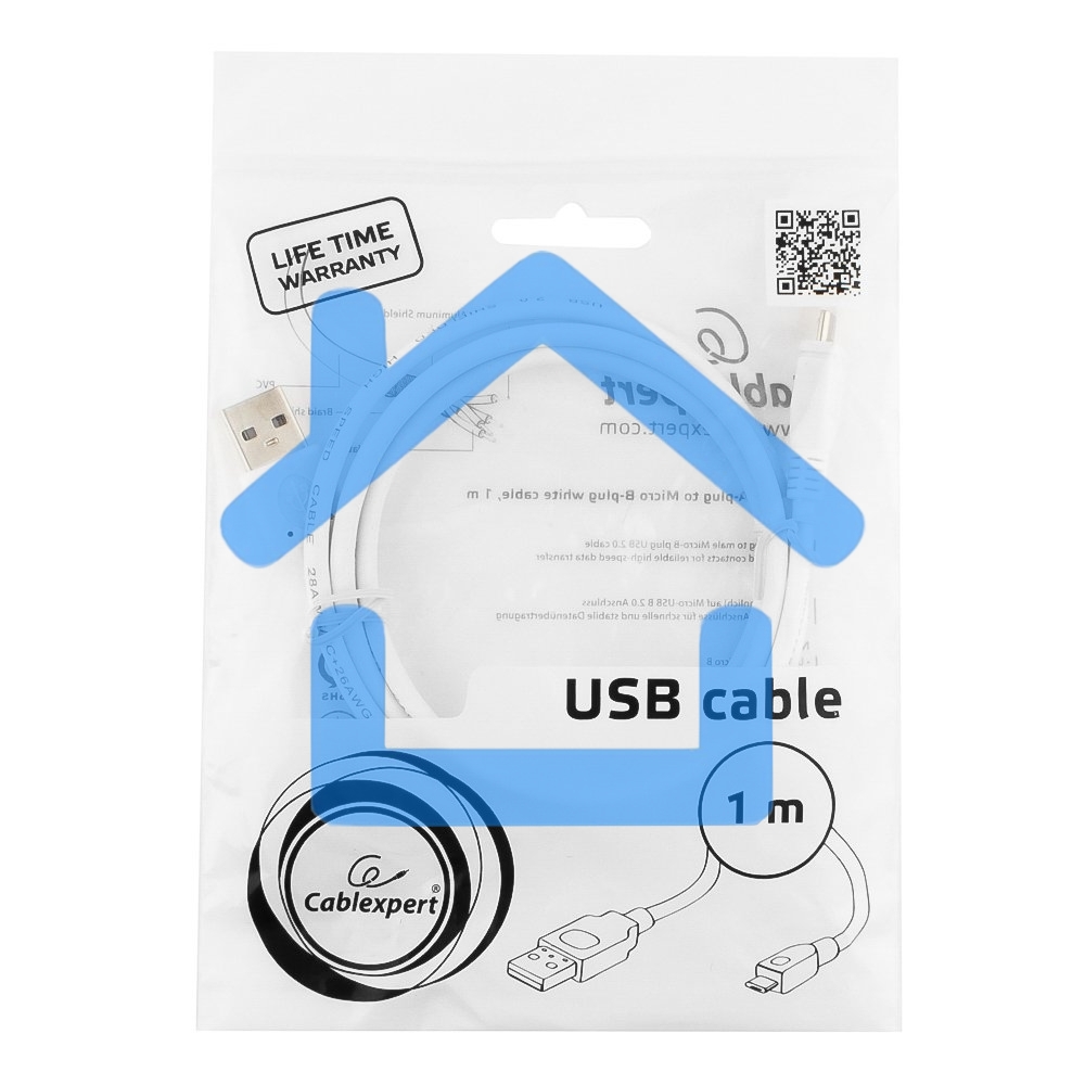 Кабель USB 2.0 Pro Cablexpert CCP-mUSB2-AMBM-W-1M, AM/microBM 5P, 1м, экран, белый, пакет