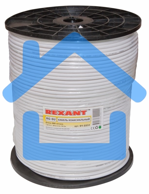 Кабель коаксиальный Rexant RG-6U+Cu, 75 Ом, Cu/Al/Cu, 64%, бухта 305 м, белый
