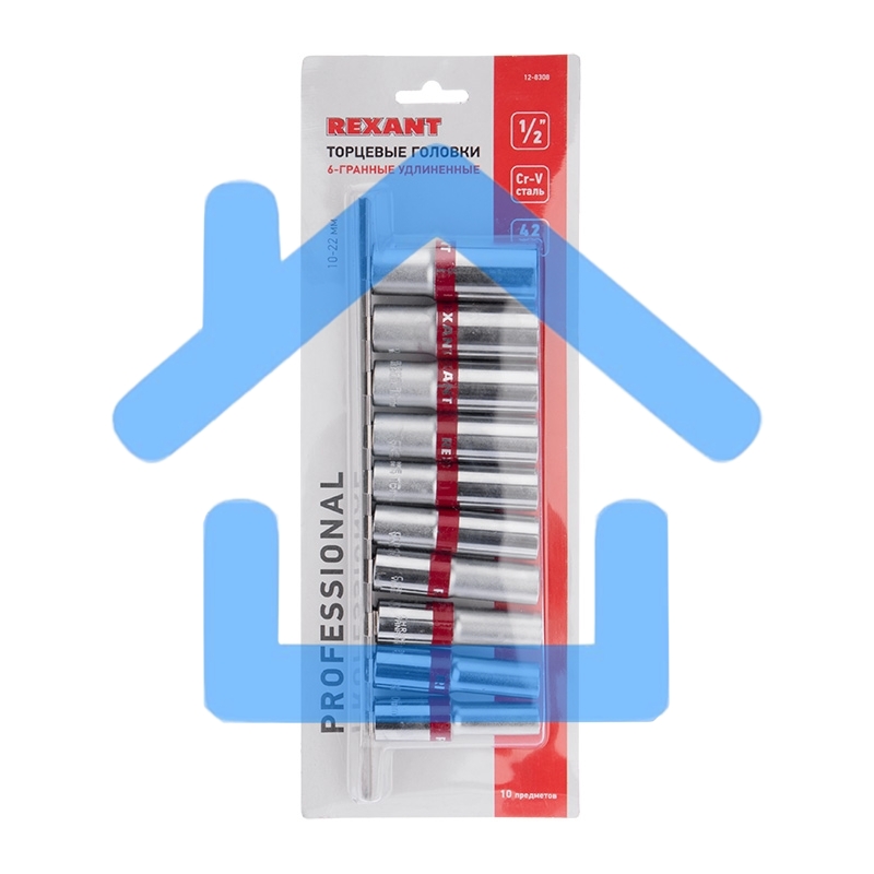 Набор удлиненных торцевых головок Rexant 1/2, шестигранные, CrV, 10 шт., 10-22 мм