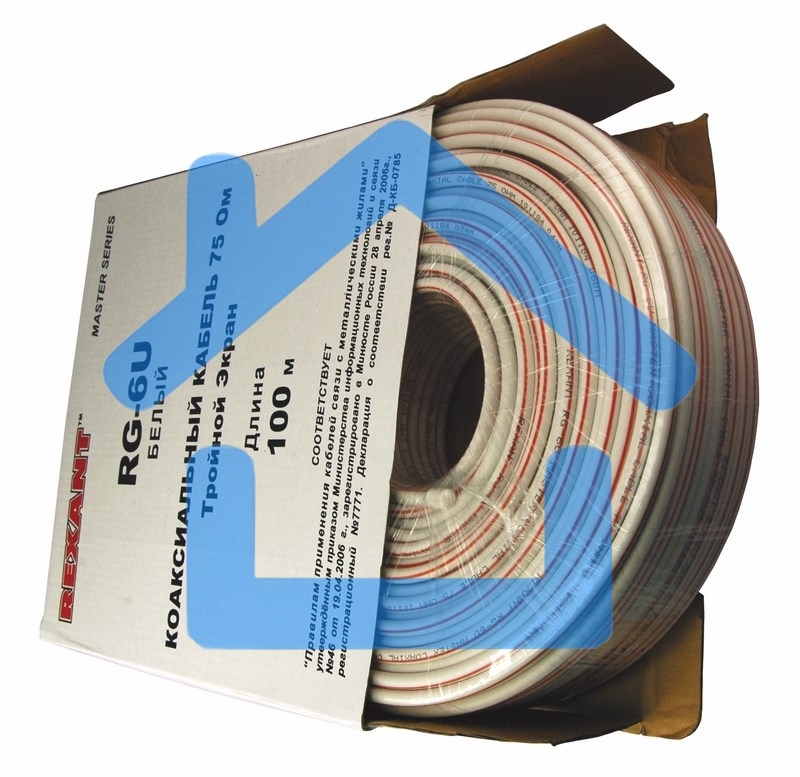 Кабель коаксиальный Rexant RG-6U+Cu, 75 Ом, Cu/Al/Cu/Al, 90%, две фольги, бухта 100 м, белый