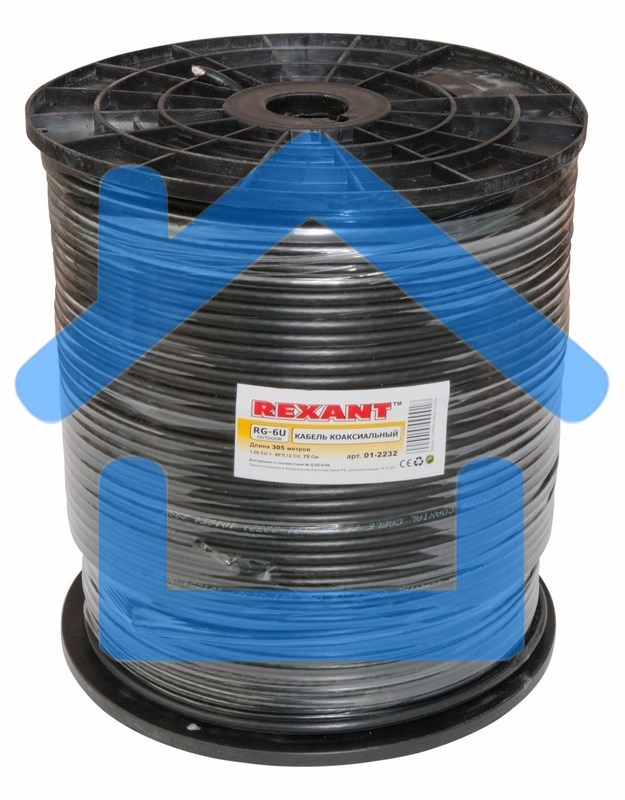 Кабель коаксиальный Rexant RG-6U+Cu, 75 Ом, Cu/Al/Cu, 64%, бухта 305 м, черный OUTDOOR