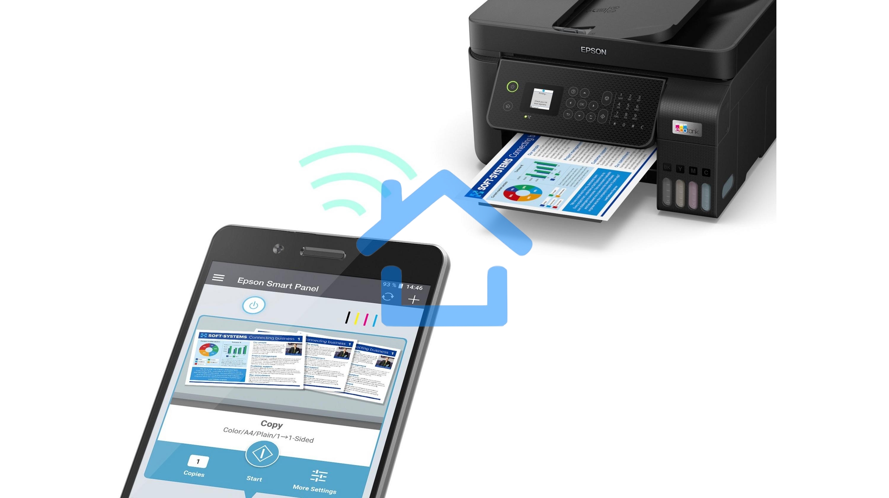 МФУ струйное Epson L5290 (C11CJ65512/C11CJ65508/C11CJ65407), A4, цветное, печ. до 33 стр/мин. (ч/б) до 15 стр/мин. (цвет), скан. до 12 стр/мин. (ч/б) 29 стр/мин. (цвет), 1440 x 5760 dpi (печать) 1200x2400dpi (скан.), USB, RJ-45, Wi-Fi