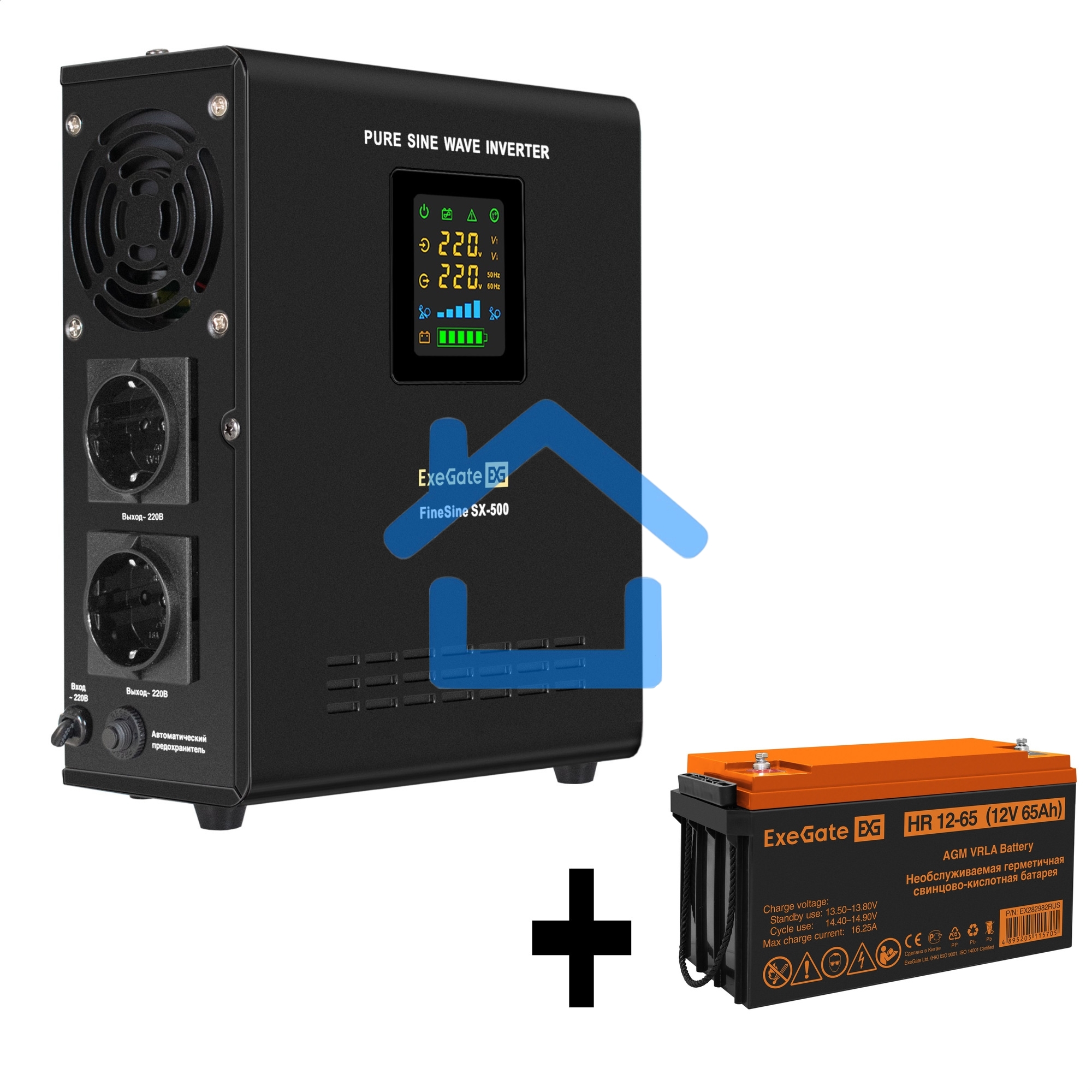 Комплект ИБП EX295995RUS + батарея 65Aч EX282982RUS 1шт (инвертор, синус, для котла, настенный) ExeGate FineSine SX-500.LCD.AVR.2SH <500VA/300W, чистая синусоида, цветной LCD-дисплей, AVR, 2*Schuko, линейно-интерактивный, крепление настенное/универсальное
