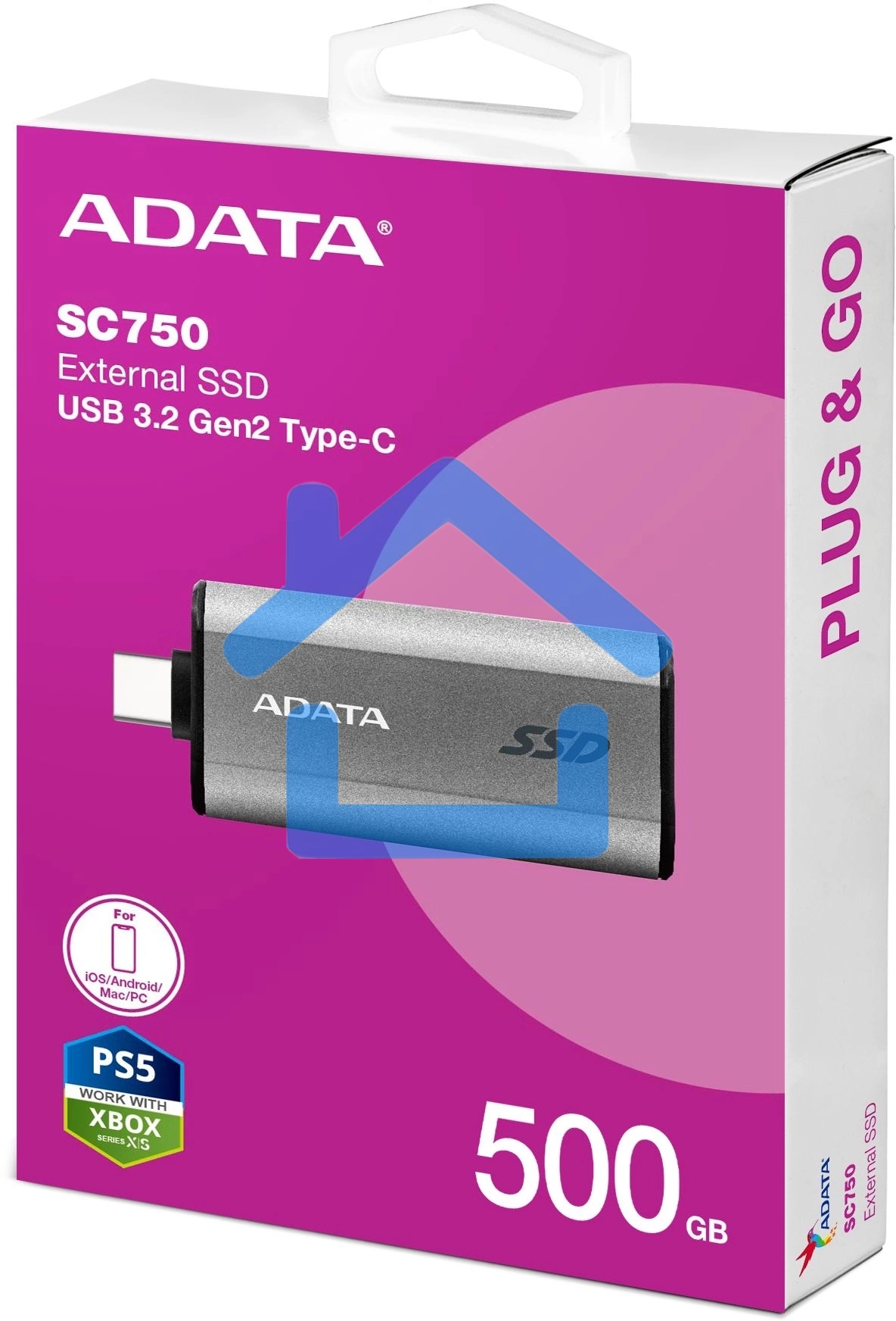 Твердотельный диск A-DATA External SC750 серый SC750-500G-CCBK 500Gb USB 3.2 Gen 2 Type-C, R/W -1050/1000 MB/s