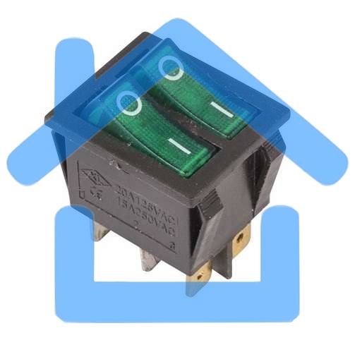 Выключатель клавишный 250V 15А (6с) ON-OFF зеленый с подсветкой ДВОЙНОЙ Rexant