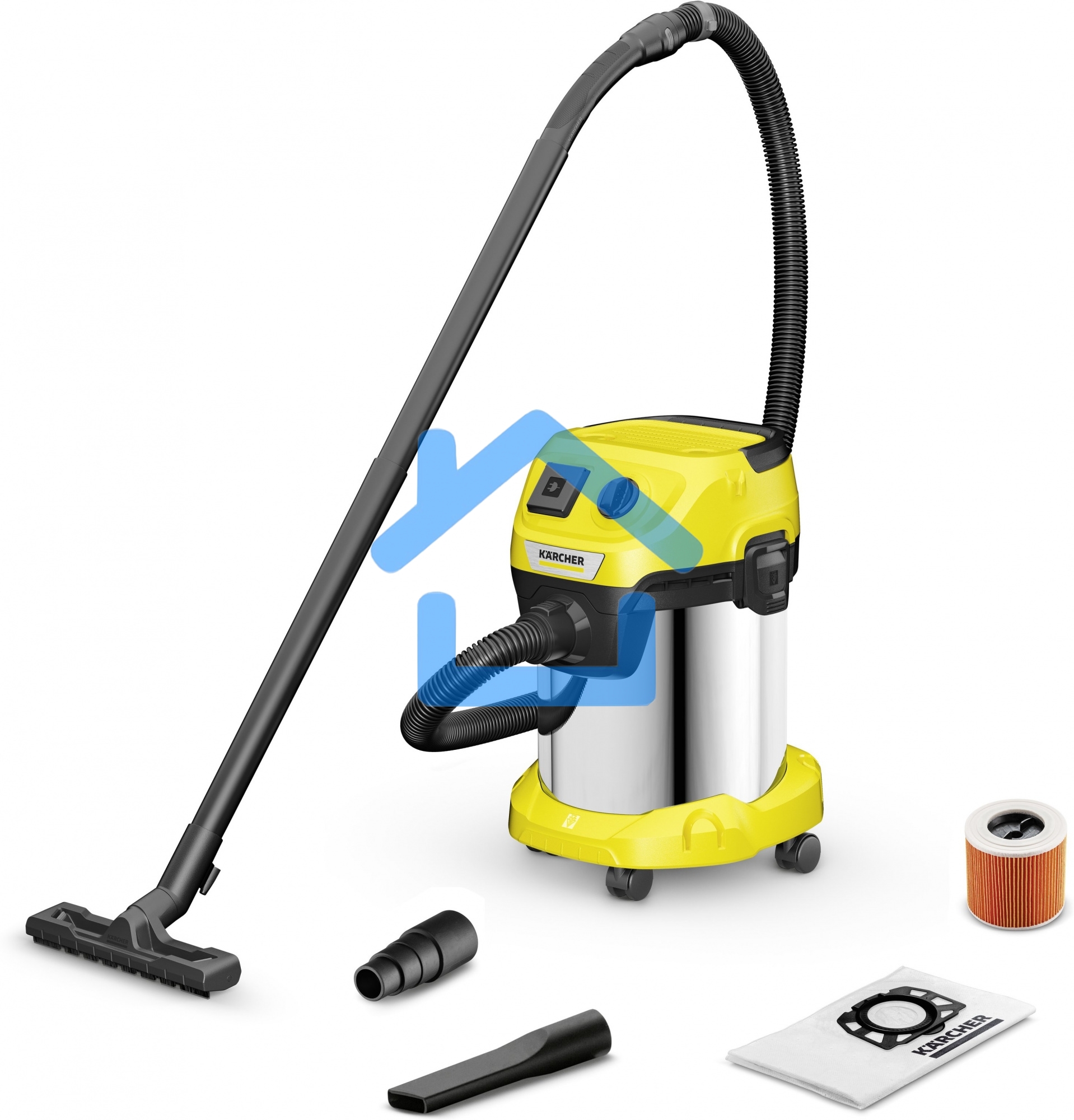 Строительный пылесос Karcher WD 3 P S V-17/4/20 желтый, 1000 Вт, уборка сухая/сбор воды, пылесборник мешок/контейнер, 17 л