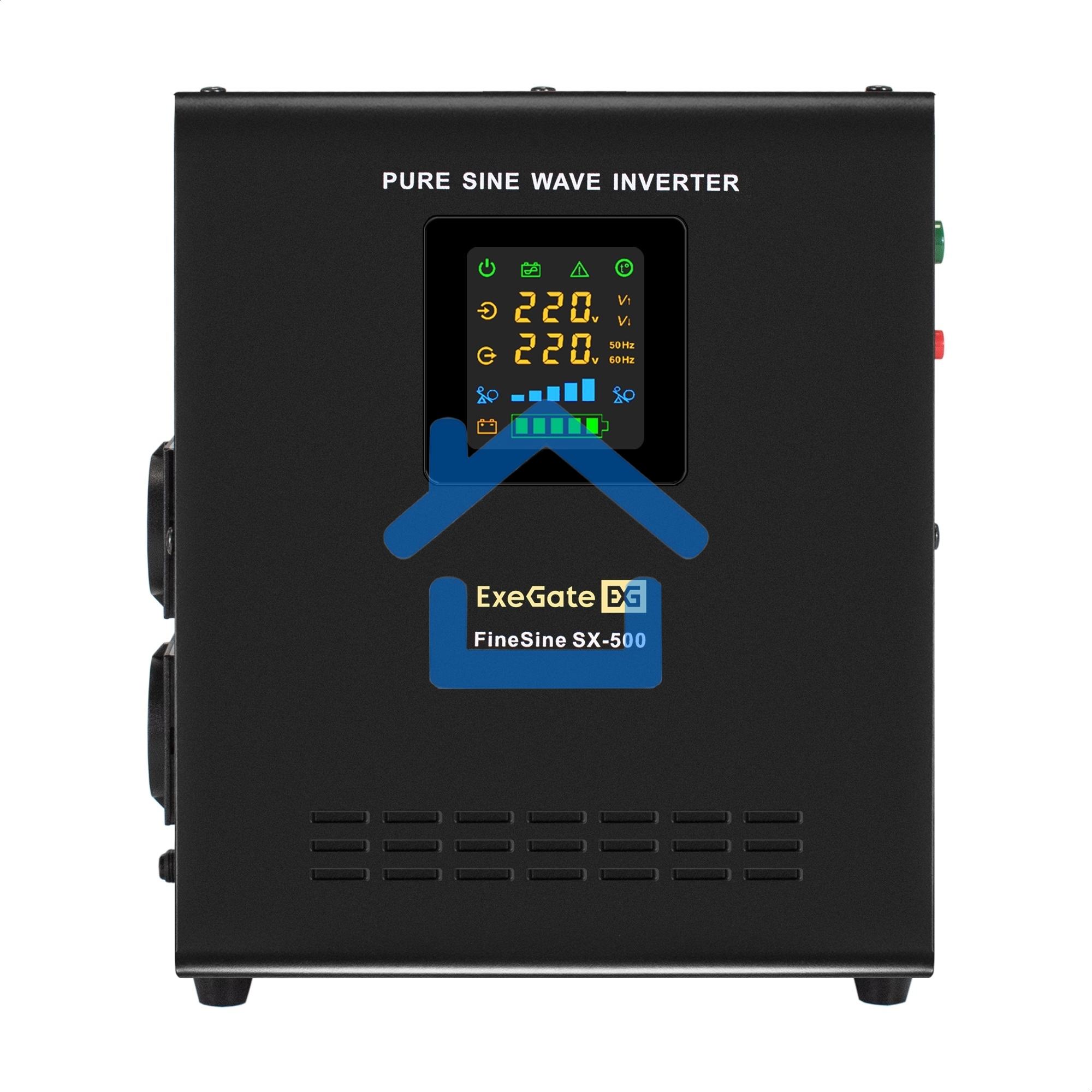 Комплект ИБП EX295995RUS + батарея 65Aч EX282982RUS 1шт (инвертор, синус, для котла, настенный) ExeGate FineSine SX-500.LCD.AVR.2SH <500VA/300W, чистая синусоида, цветной LCD-дисплей, AVR, 2*Schuko, линейно-интерактивный, крепление настенное/универсальное