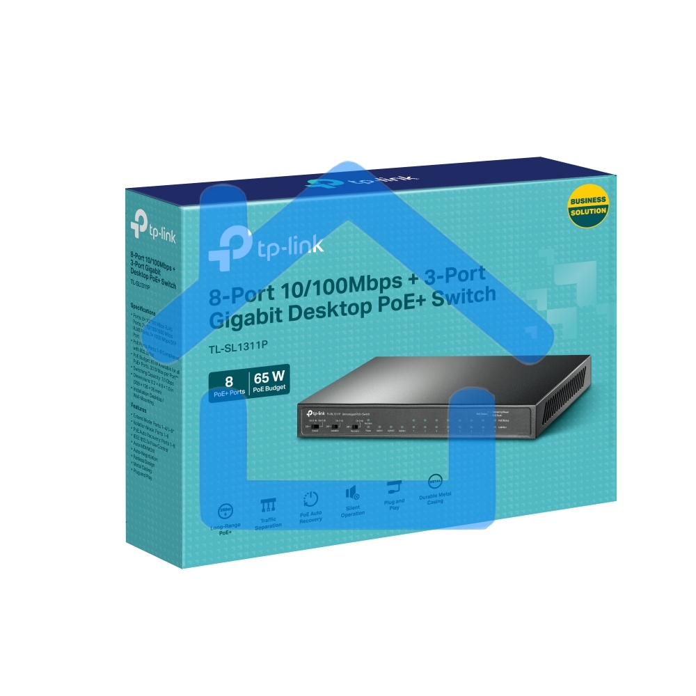 Настольный коммутатор TP-Link TL-SL1311P, 8 портов 10/100 Мбит/с с поддержкой PoE+, 2 гигабитных порта без поддержки PoE, 1 порт SFP, 802.3af/at, бюджет PoE — 65 Вт, стальной корпус
