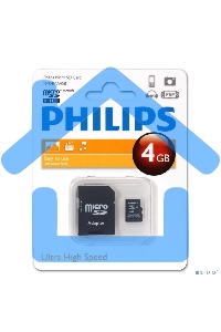 Флеш карта microSD 4Gb PHILIPS microSDHC Class 10 (SD адаптер)