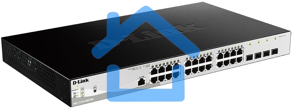 Коммутатор D-Link DGS-1210-28MP/ME/B1A Управляемый коммутатор 2 уровня с 24 портами 10/100/1000Base-T и 4 портами 1000Base-X SFP (24 порта с поддержкой PoE 802.3af/802.3at (30 Вт), PoE-бюджет 370 Вт)