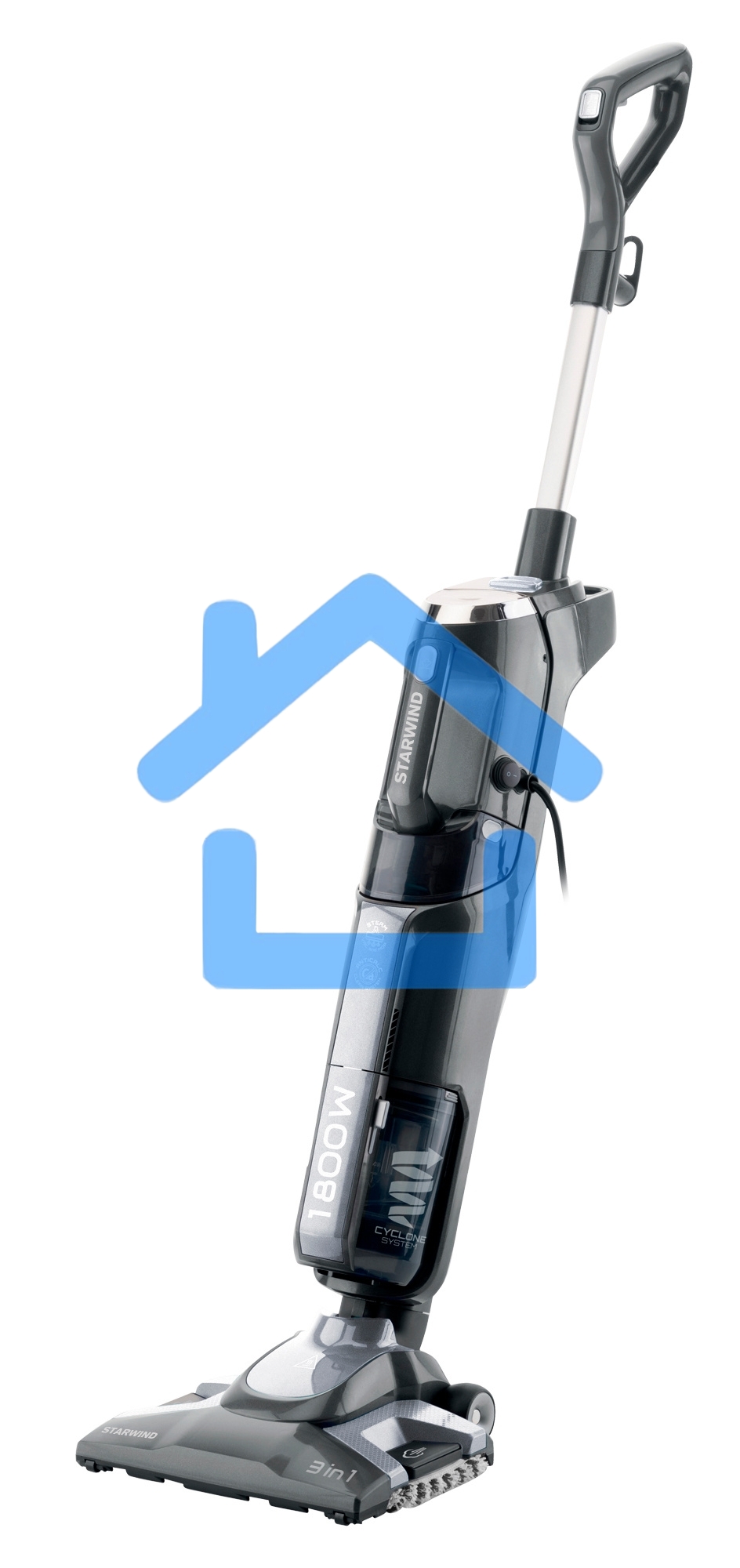 Пылесос паровой вертикальный Starwind SSV9555 темно-серый/серебристый, питание от сети, 120 Вт, уборка сухая/паром, пылесборник 0.5 л