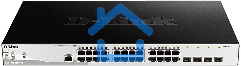 Коммутатор D-Link DGS-1210-28MP/ME/B1A Управляемый коммутатор 2 уровня с 24 портами 10/100/1000Base-T и 4 портами 1000Base-X SFP (24 порта с поддержкой PoE 802.3af/802.3at (30 Вт), PoE-бюджет 370 Вт)