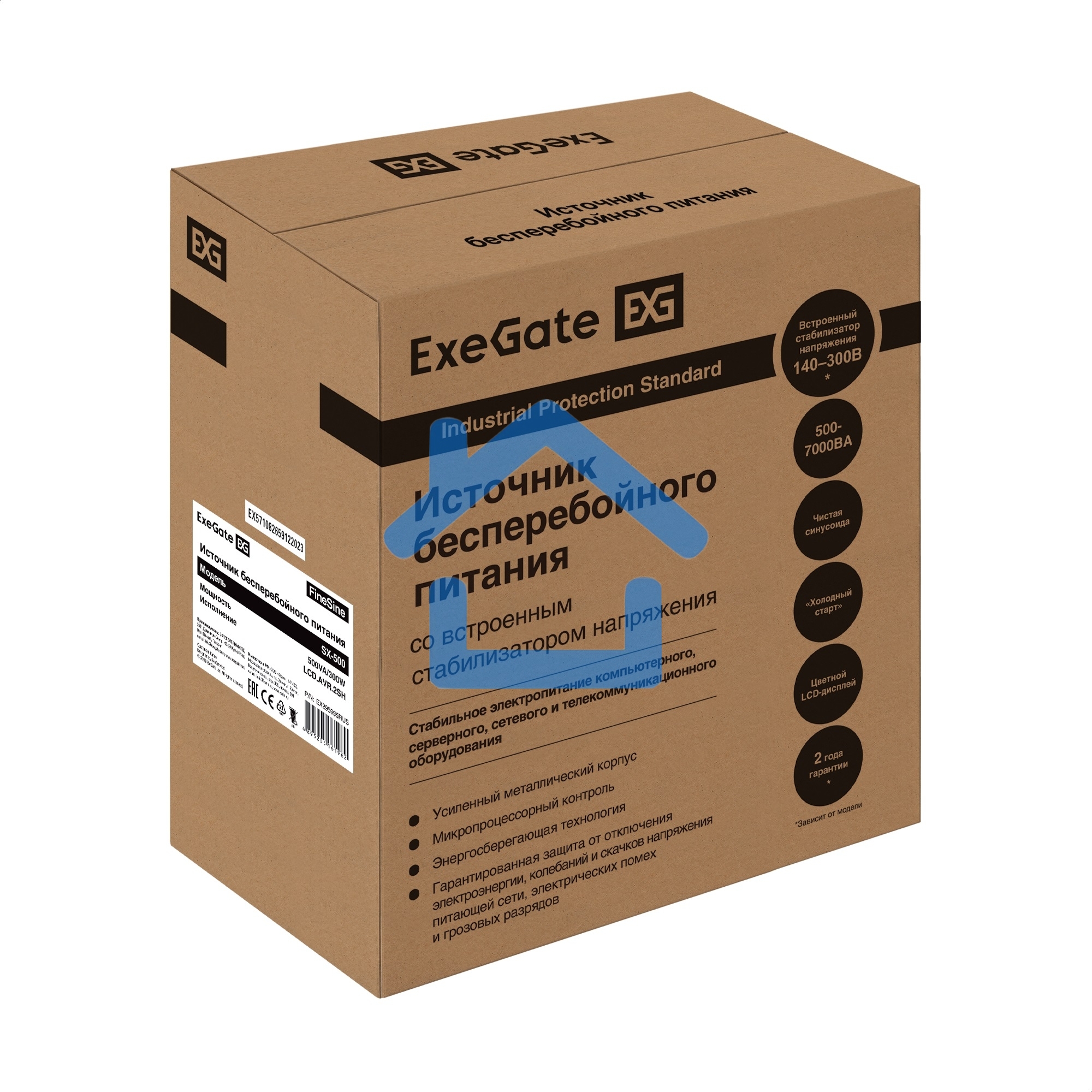 Комплект ИБП EX295995RUS + батарея 65Aч EX282982RUS 1шт (инвертор, синус, для котла, настенный) ExeGate FineSine SX-500.LCD.AVR.2SH <500VA/300W, чистая синусоида, цветной LCD-дисплей, AVR, 2*Schuko, линейно-интерактивный, крепление настенное/универсальное