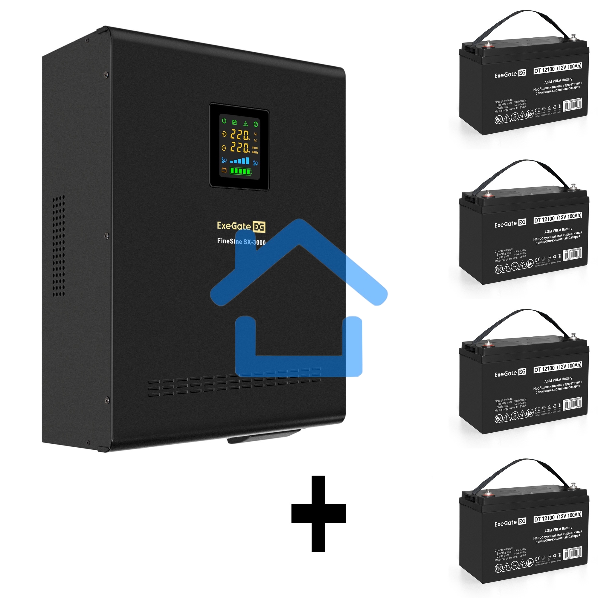 Комплект ИБП EX296003RUS + батарея 100Aч EX282985RUS 4шт (инвертор, синус, для котла, настенный) ExeGate FineSine SX-3000.LCD.AVR.2SH.T <3000VA/2100W, чистая синусоида, цветной LCD-дисплей, AVR, 2*Schuko+клеммы, линейно-интерактивный, крепление настенное,