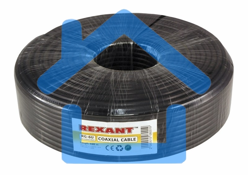 Кабель коаксиальный Rexant RG-6U+Cu, 75 Ом, Cu/Al/Cu, 64%, бухта 100 м, черный OUTDOOR