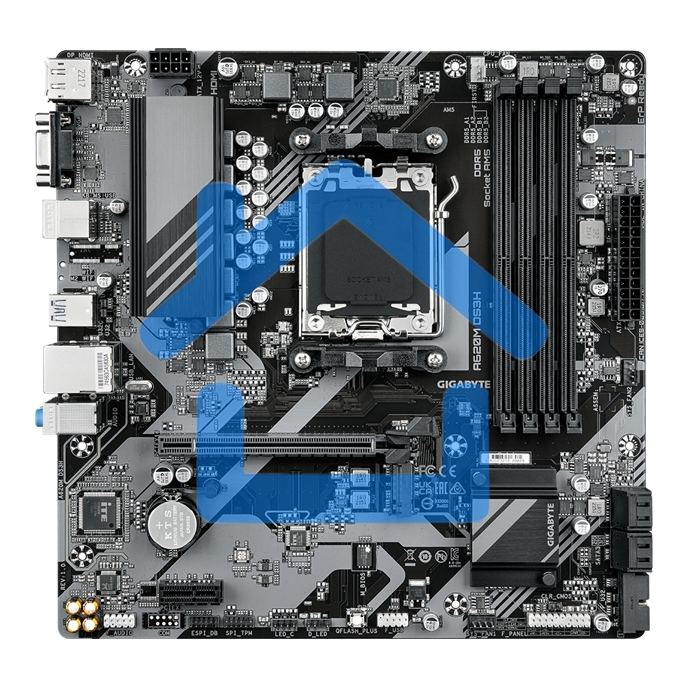 Материнская плата Gigabyte A620M DS3H, Micro-ATX, AM5, AMD A620, 4xDDR5, 4xSATA, 1xM.2, 1xPCI-E 4.0 x16, 1xPCI-E x1, 1xHDMI, 1xDP, 1xVGA, 1x 1Gb LAN, 1xUSB 3.2 Gen 1, 4xUSB 2.0, 3x3.5мм, 7.1, ATX