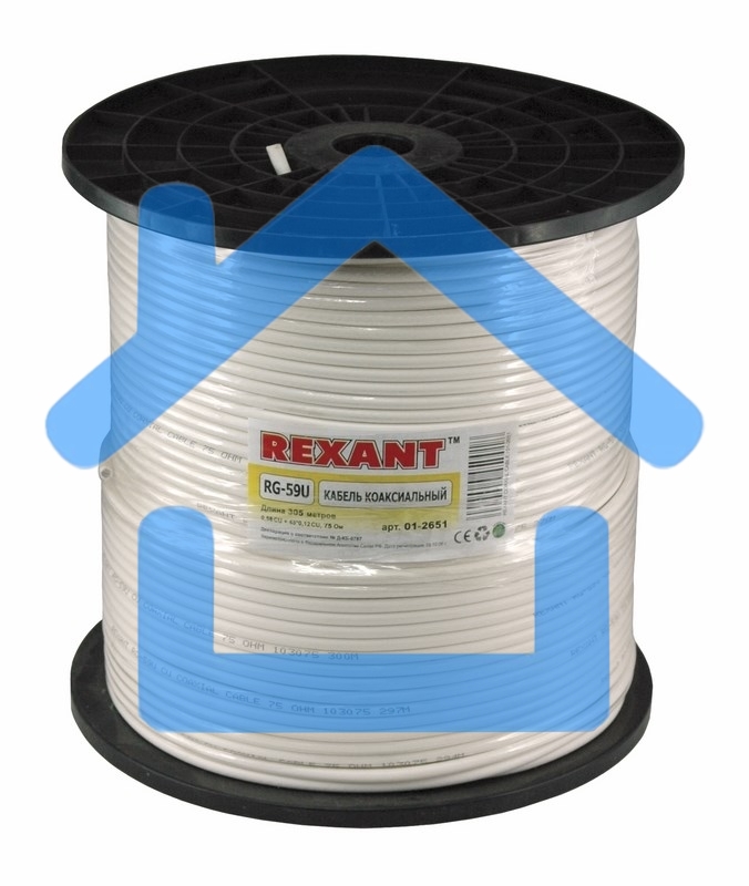 Кабель коаксиальный Rexant RG-59U+Cu, 75 Ом, Cu/Al/Cu, 64%, бухта 305 м, белый
