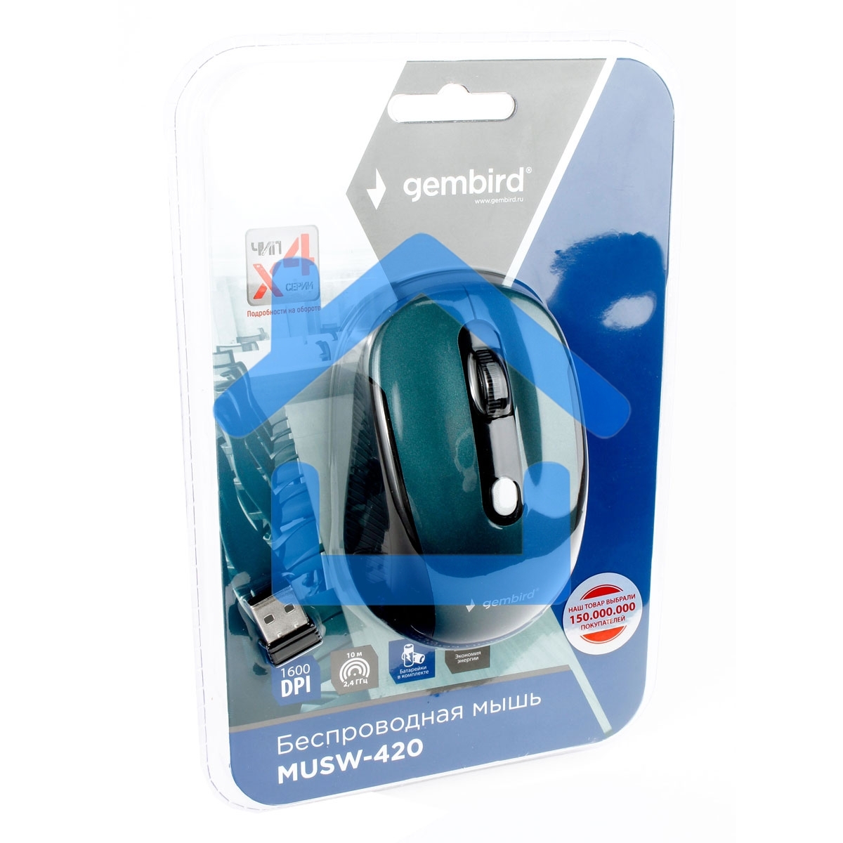 Мышь беспроводная Gembird MUSW-420-2 зеленый, 1600 dpi, радиоканал, USB, кнопки - 4
