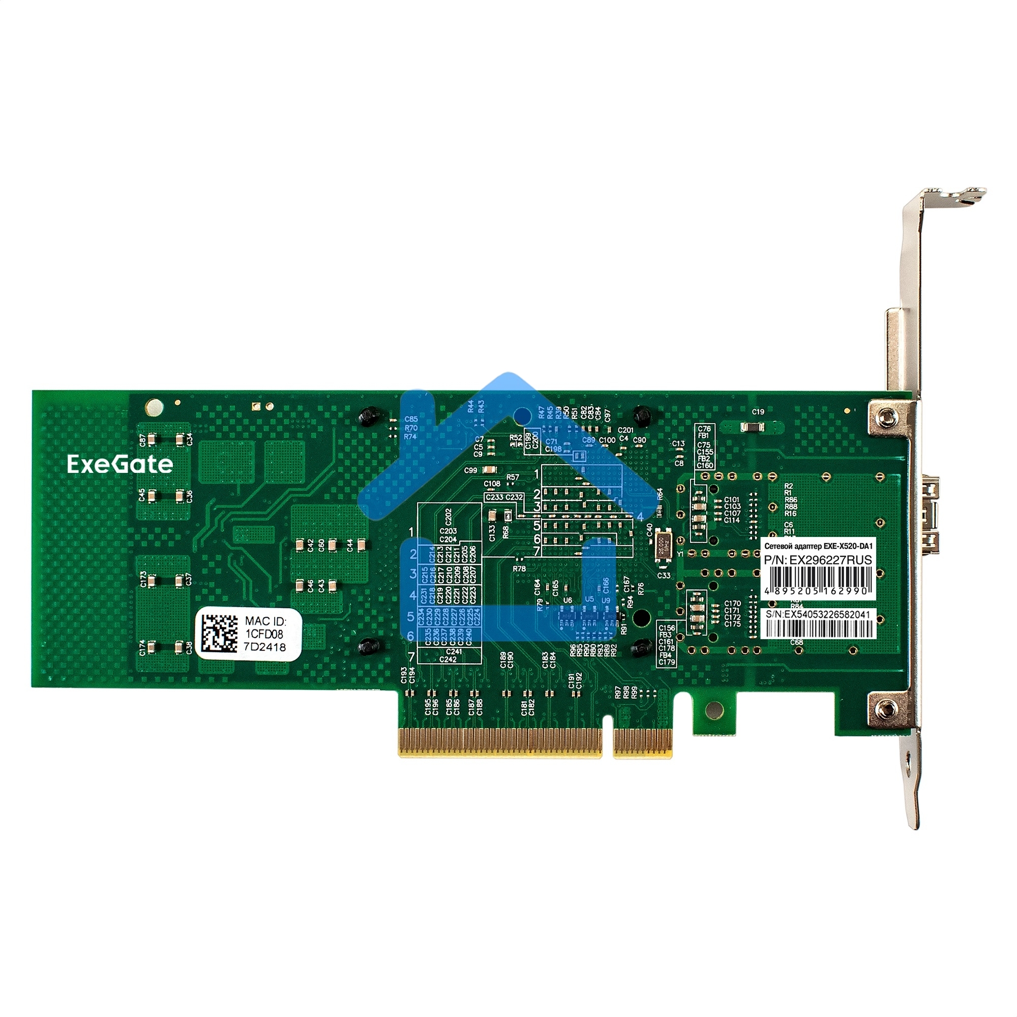 Сетевой адаптер ExeGate EXE-X520-DA1 (PCI-E x8 v3.0, порты 1xSFP+ 10Gb/s (10/5/2.5/1Gb/s, 100Mb/s), Server NIC Intel Chipset JL82599EN)
