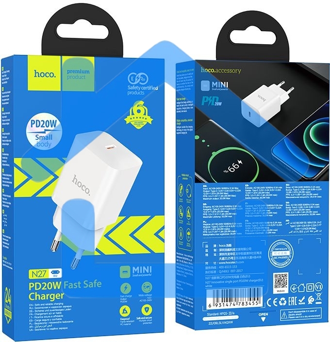 Сетевое зарядное устройство Hoco N27 White 20W 3A+2.22A+1.67A (PD+QC+AFC) USB-C универсальное белый