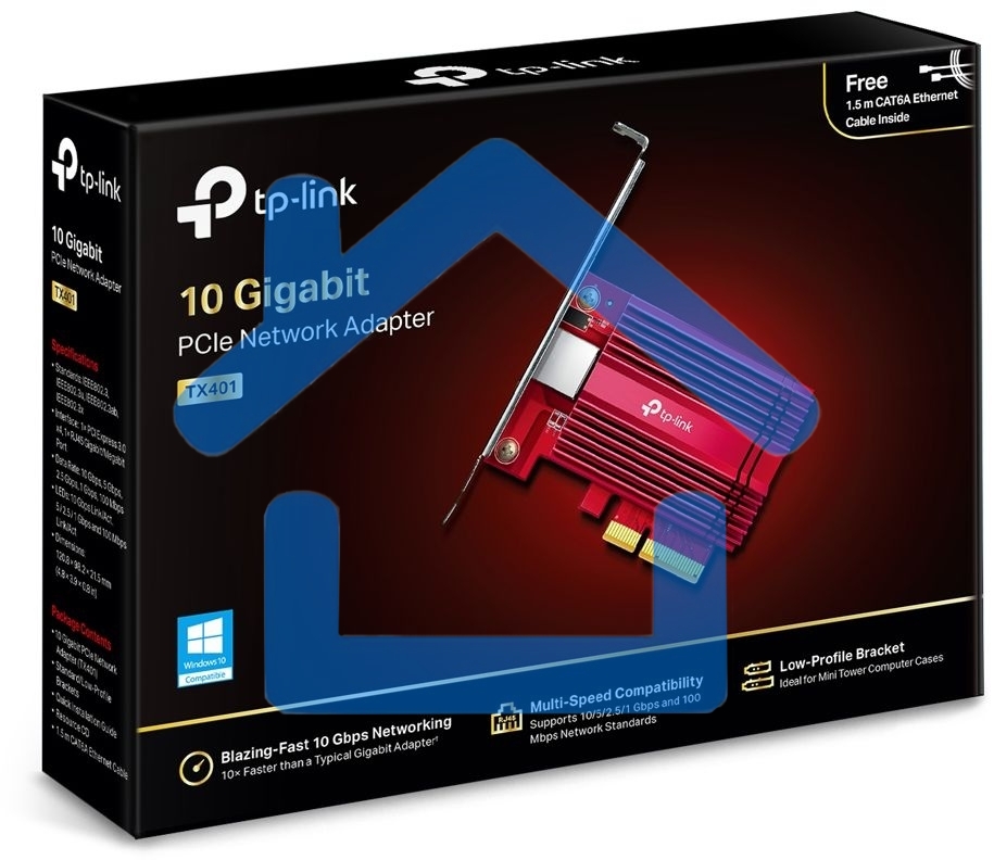 Сетевой адаптер 10 Gigabit PCI-E network adapter, 1 PCI Express 3.0 X4 interface, 1 100/1000/10000Mbps Ethernet port, come with Low-Profile and Full-Height Brackets