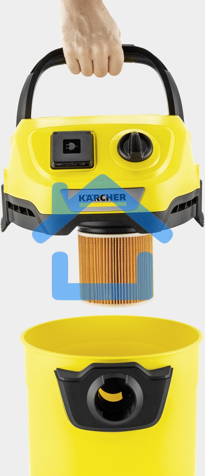 Строительный пылесос Karcher WD 3 P V-17/4/20 желтый, 1000 Вт, уборка сухая/сбор воды, пылесборник мешок/контейнер, 17 л