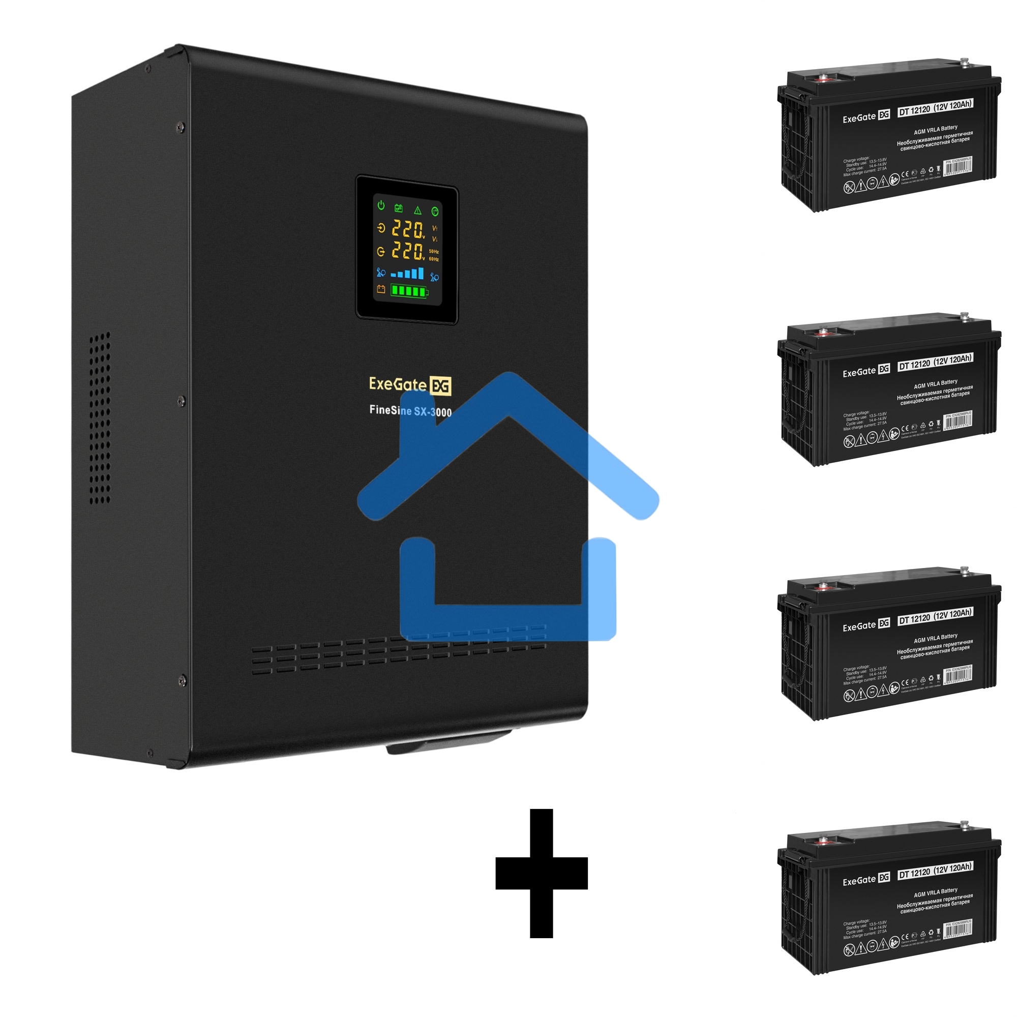 Комплект Источник бесперебойного питания EX296003RUS + батарея 120Aч EX282988RUS 4шт (инвертор, синус, для котла, настенный) ExeGate FineSine SX-3000.LCD.AVR.2SH.T <3000VA/2100W, чистая синусоида, цветной LCD-дисплей, AVR, 2*Schuko+клеммы, линейно-интерак